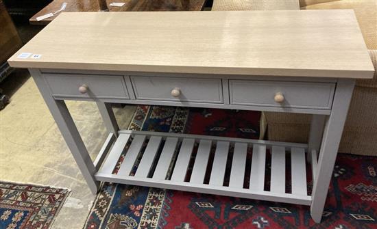 A modern beech topped hall table, the grey painted base fitted three drawers, width 110cm depth 35cm height 80cm